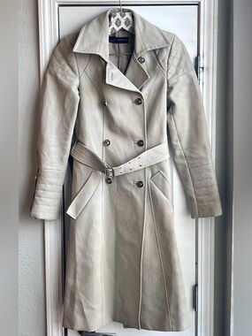 ZARA WOMAN 100% Cotton Double Breasted Trench Coat Quilted Shoulders Cream XS